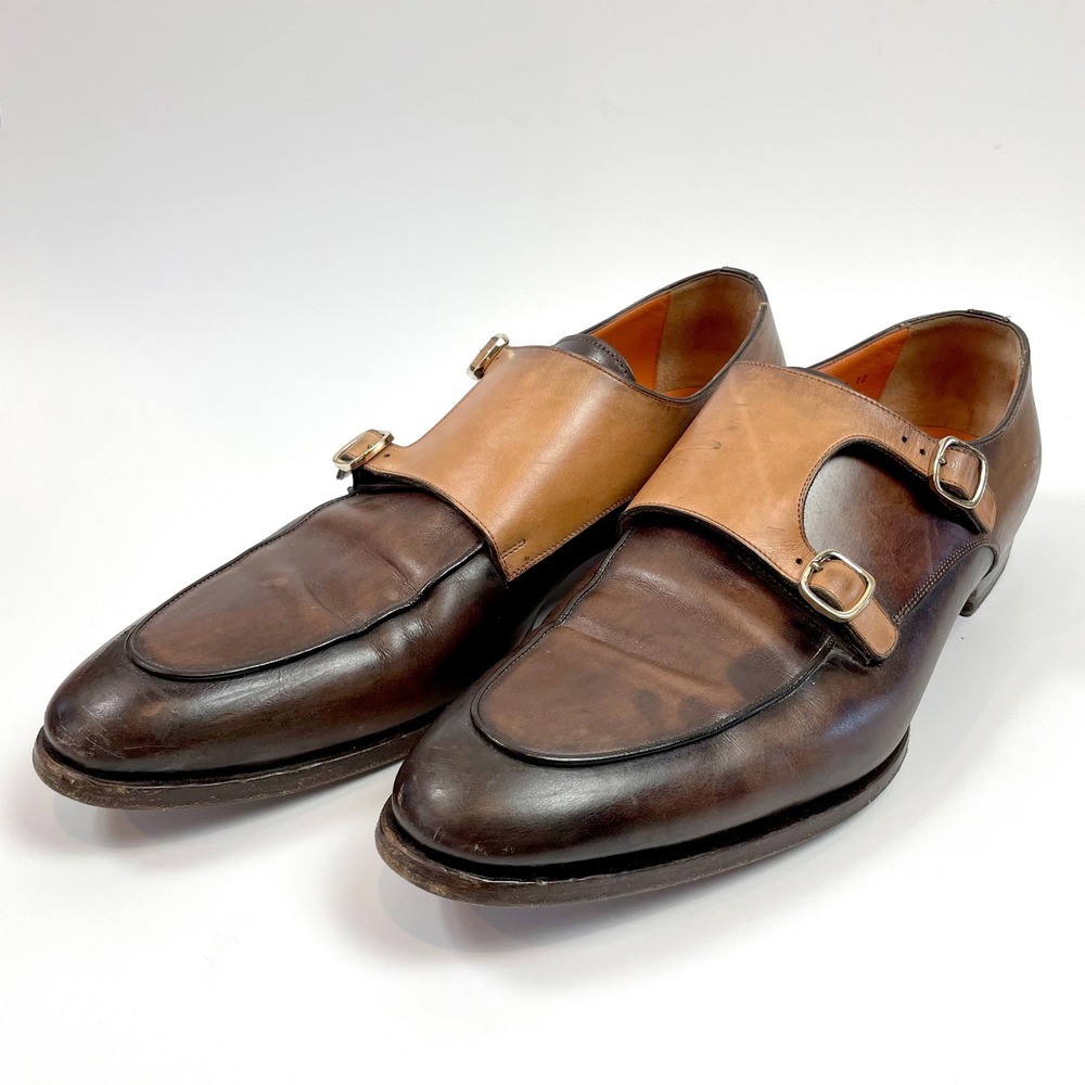 Santoni Double Monk Strap Leather Dress Shoes Two Tone Brown Burnished Size 12